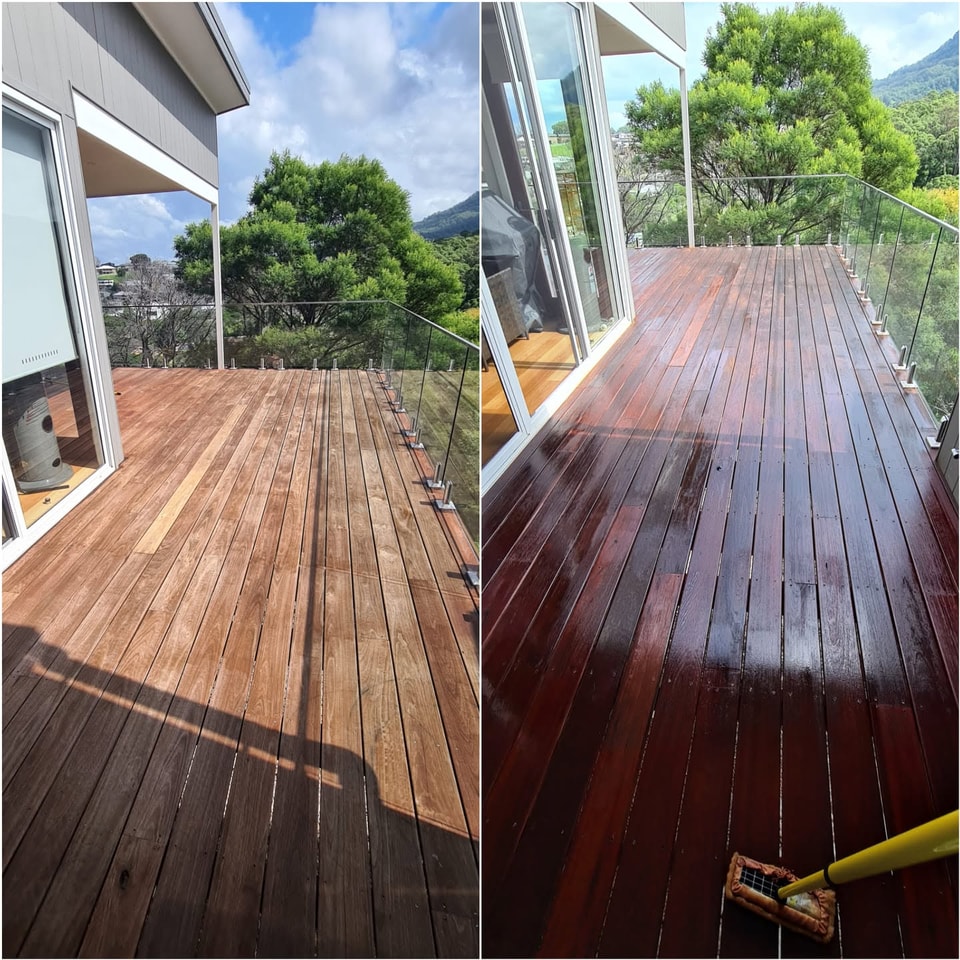 Hardwood deck restored and re-oiled with an Illawarra escarpment outlook
