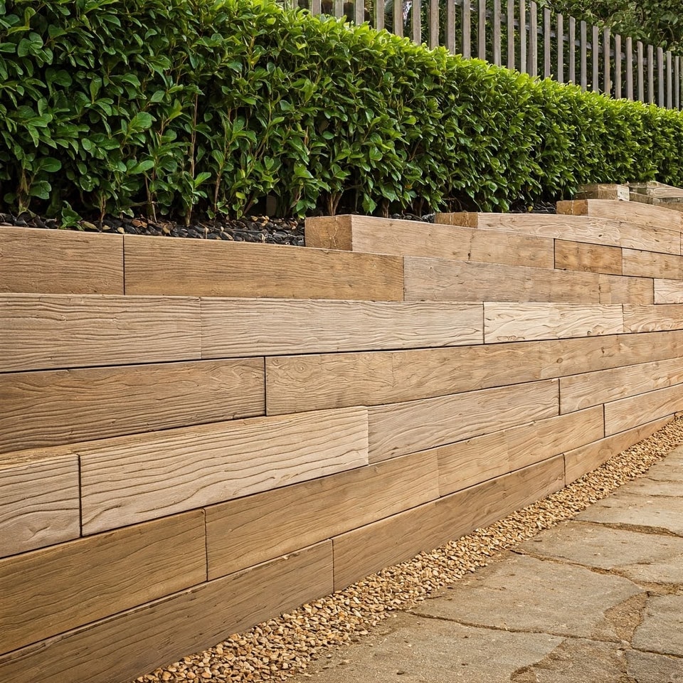 Timber sleeper retaining wall with hedging above beside a gravel path in Kiama