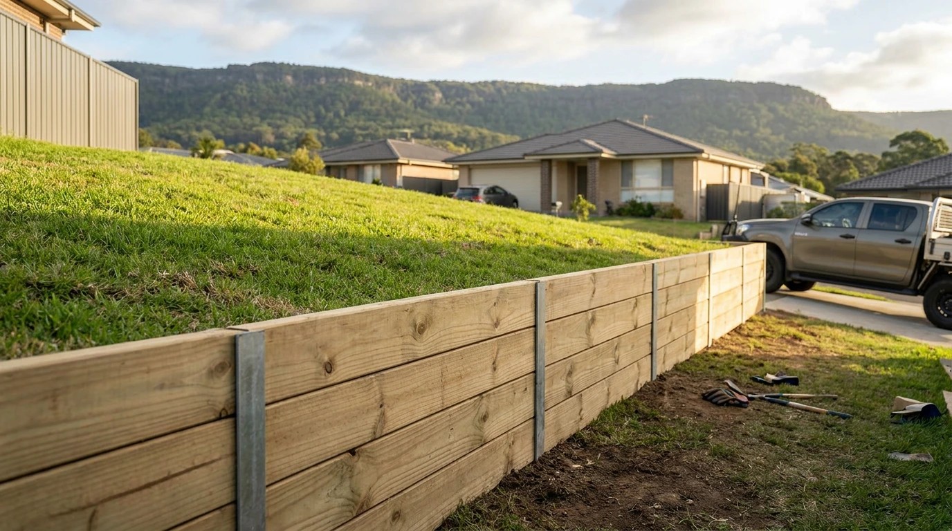 Retaining wall construction underway on a residential block in Thirroul