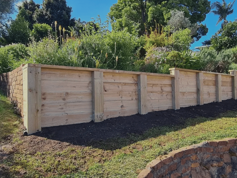 Close-up of timber retaining walls finished on site by Retain by Theo